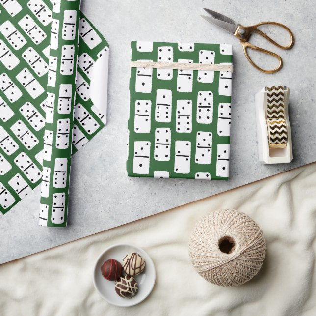 White Dominoes with Black Dots on Green Patterned Wrapping Paper (Crafts)