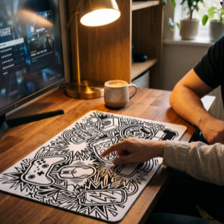 White Doodle Gaming Icons Mouse Pad