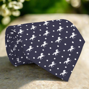 White Dots & Horses On Dark Blue Background Tie