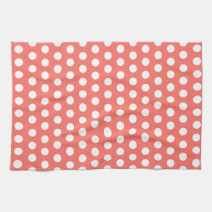 White dots pattern on live coral tea towel