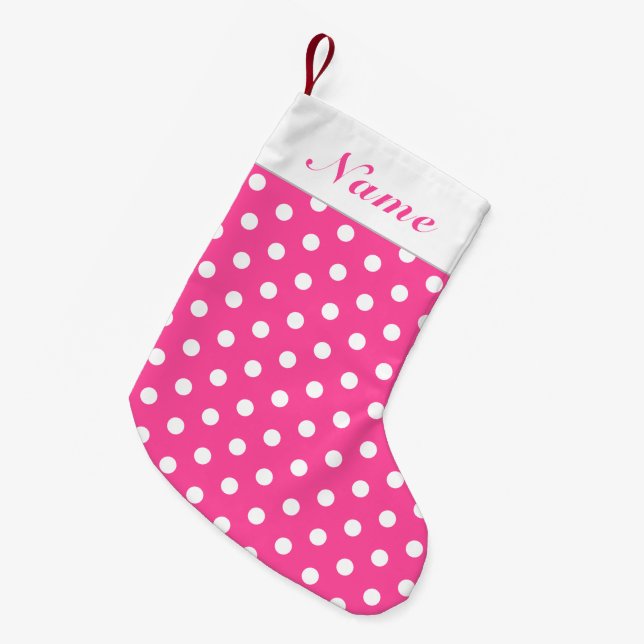 White Dots Pink Christmas Stocking Custom Name (Front (Hanging))