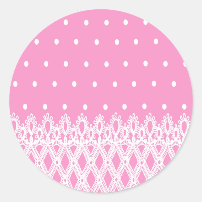 White dots soft pink background white lace pattern classic round sticker (Front)