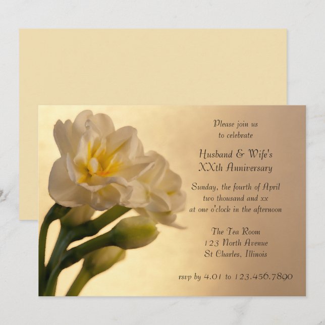White Double Daffodil Anniversary Party Invitation (Front/Back)