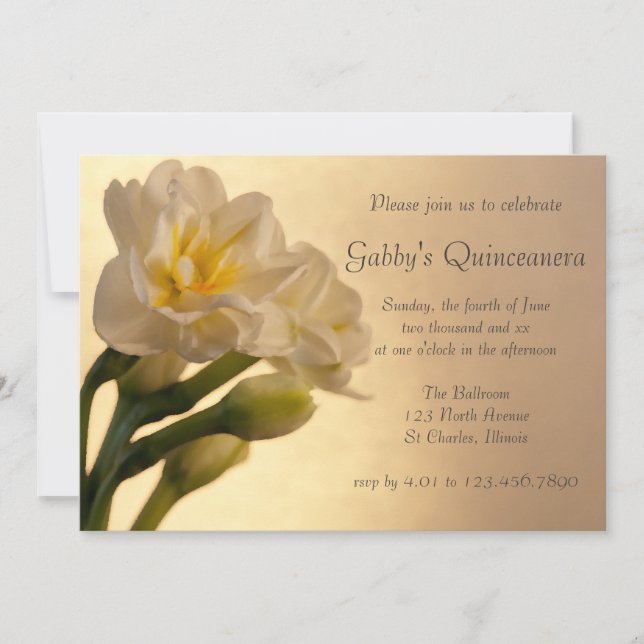 White Double Daffodils Quinceanera Invitation (Front)