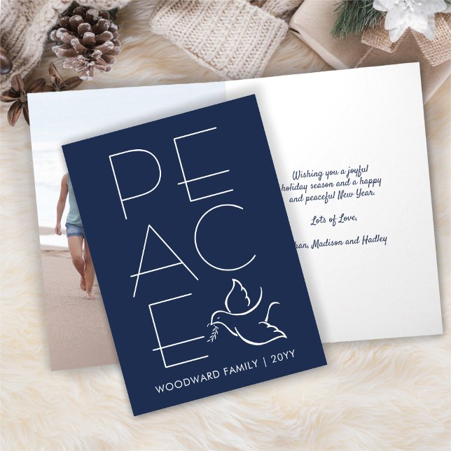 White Dove 1 Photo Modern Peace Navy Blue Folded Holiday Card (Creator Uploaded)
