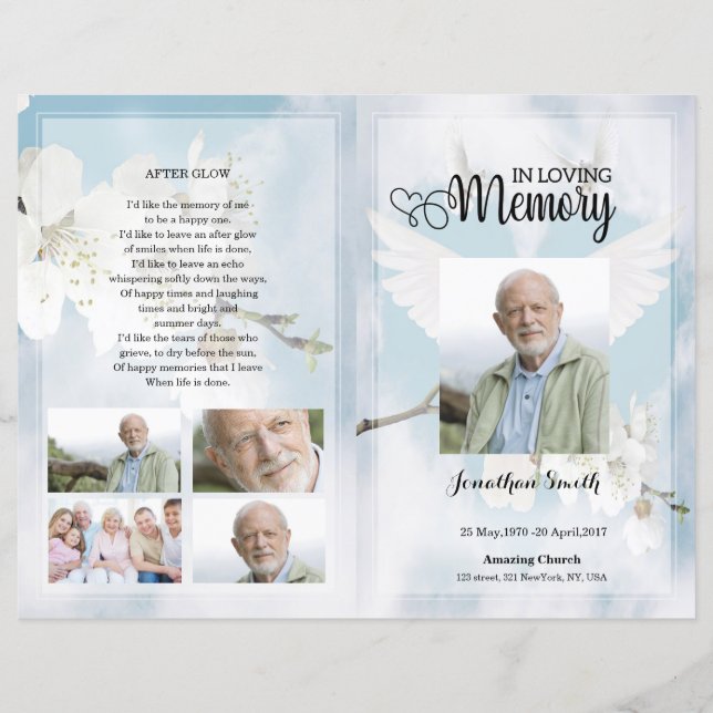 White Dove and Floral Funeral Program template (Front)