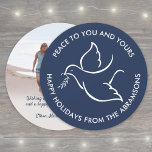 White Dove Bird of Peace Unique Round 1 Photo Navy Holiday Card<br><div class="desc">Wish family and friends a simple gift of peace for the holidays with an elegant dove one photo round greeting card. All wording on this template (including "Peace" on front) is simple to customise, making it suitable for Christmas, New Years, Hanukkah and Rosh Hashanah. The modern minimalist navy blue and...</div>