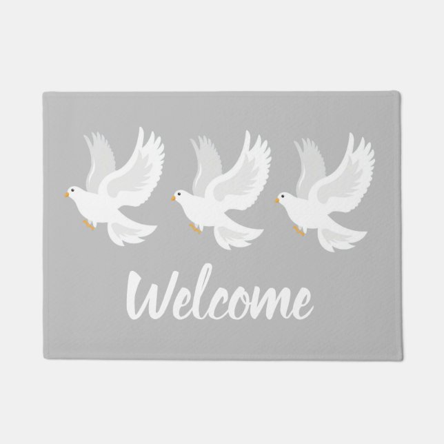 White dove bird on grey doormat (Front)