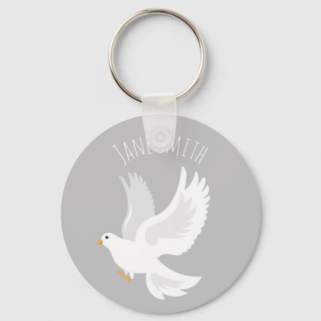 White dove bird on grey key ring (Front)