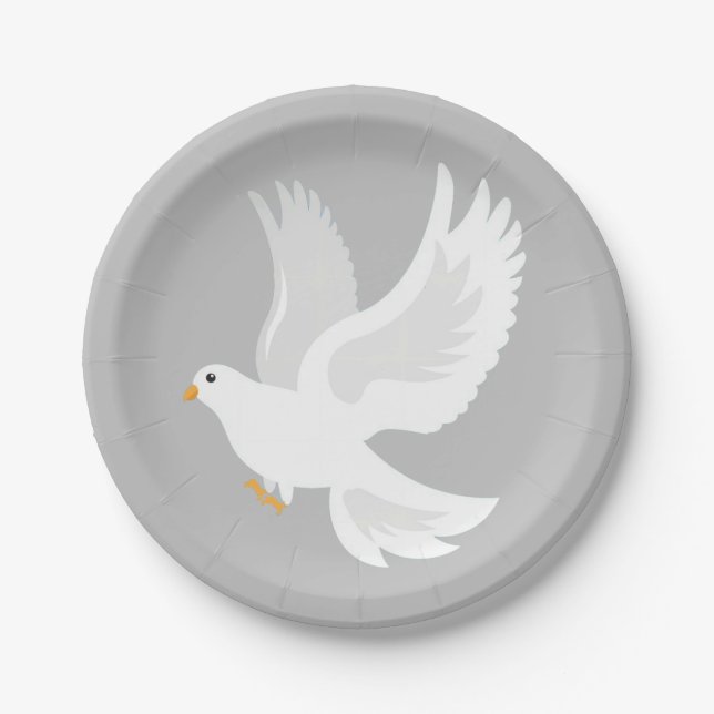 White dove bird on grey paper plate (Front)