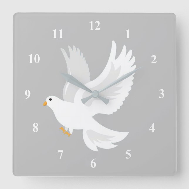 White dove bird on grey square wall clock (Front)