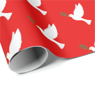 White Dove Bird with Olive Branch on Red Wrapping Paper