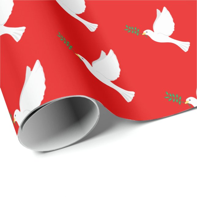 White Dove Bird with Olive Branch on Red Wrapping Paper (Roll Corner)