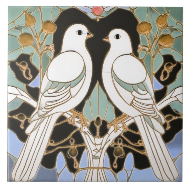 White Dove Birds Art Nouveau Doves Bird Art Deco Ceramic Tile (Front)