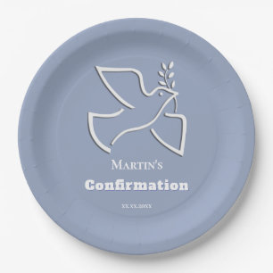 white dove blue background Confirmation  Paper Plate