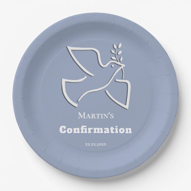 white dove blue background Confirmation  Paper Plate (Front)