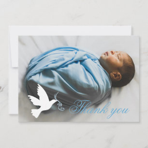 White dove blue boys baptism photo thank you card