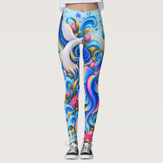 White Dove Fantasy Leggings | Celestial Floral Art
