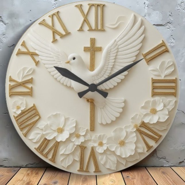 White dove golden cross religious faith Christian  Large Clock (Creator Uploaded)