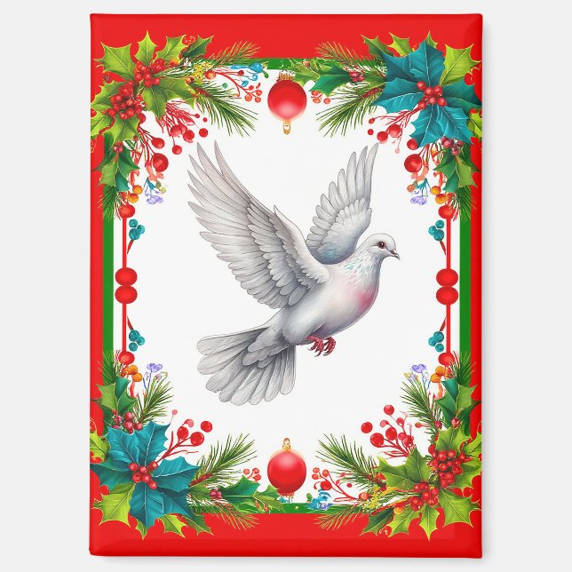 White Dove In Festive Red Frame Magnet (Front)