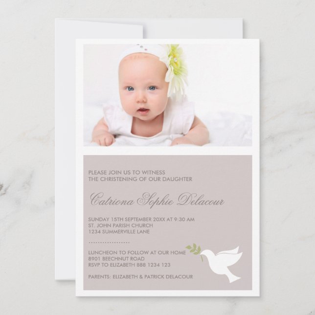 White Dove & Olive Branch Photo Baptism Invitation (Front)