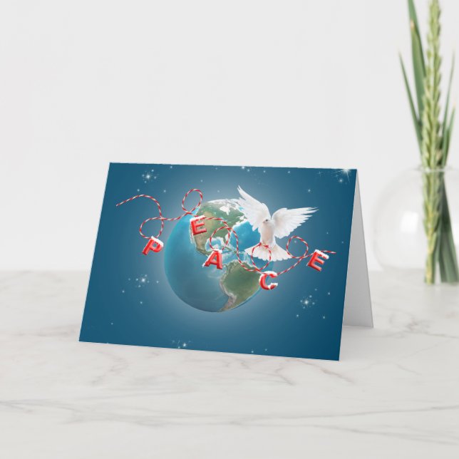 White Dove On Earth Planet With Peace Text Holiday Card (Front)