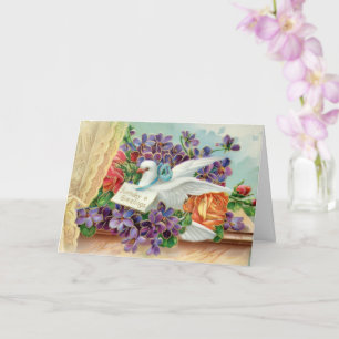 White Dove on Windowsill Purple Flowers Birthday Card