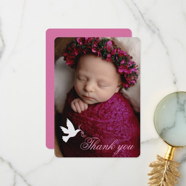White dove pink girls baptism photo thank you card (Front/Back In Situ)