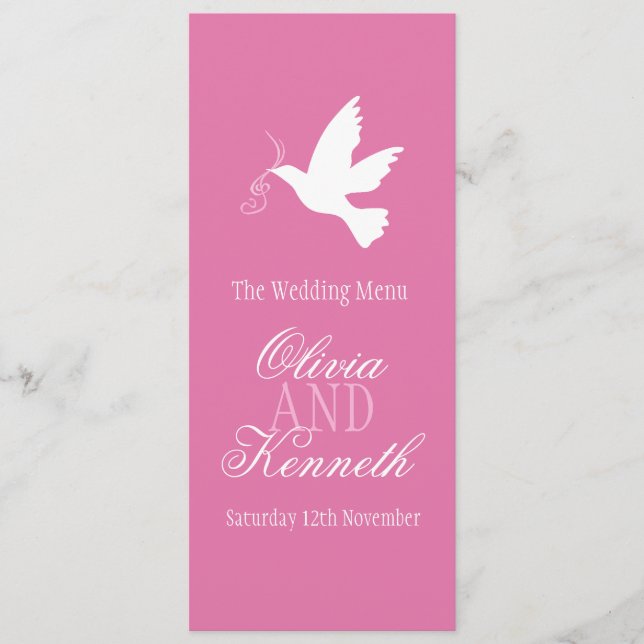 White dove pink & white wedding dinner menu (Front)