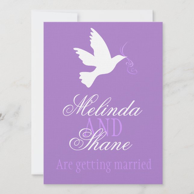 White dove purple ribbon formal wedding invite (Front)