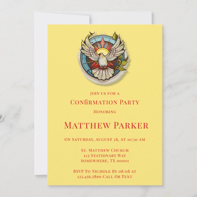 White Dove Red Flamed Confirmation  Invitation (Front)