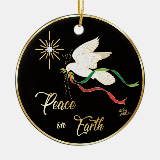 White Dove Spreading Peace On Earth Ceramic Ornament (Front)