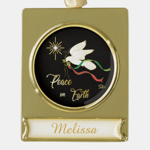 White Dove Spreading Peace On Earth Gold Plated Banner Ornament