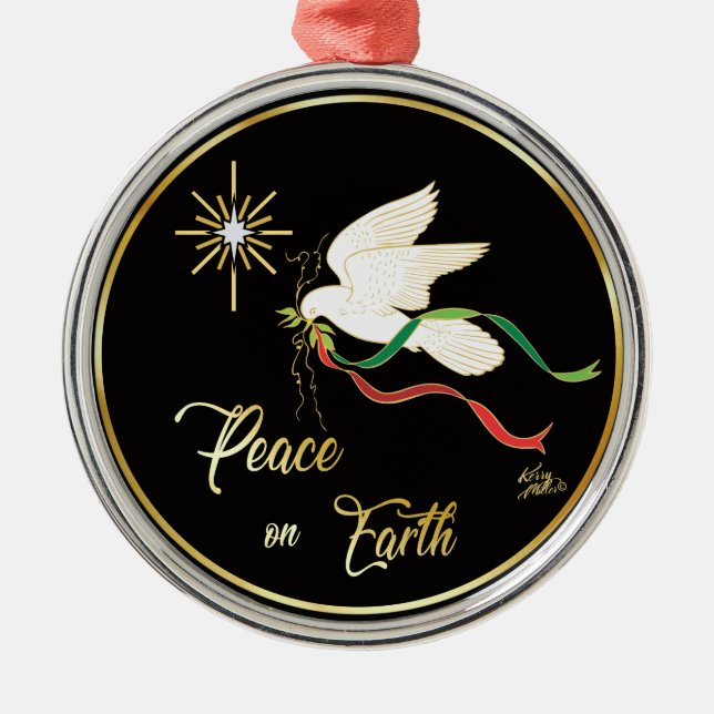 White Dove Spreading Peace On Earth Metal Ornament (Front)