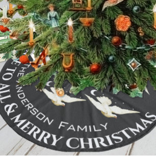 White Dove Stars Crescent Moon Christmas  Fleece Tree Skirt