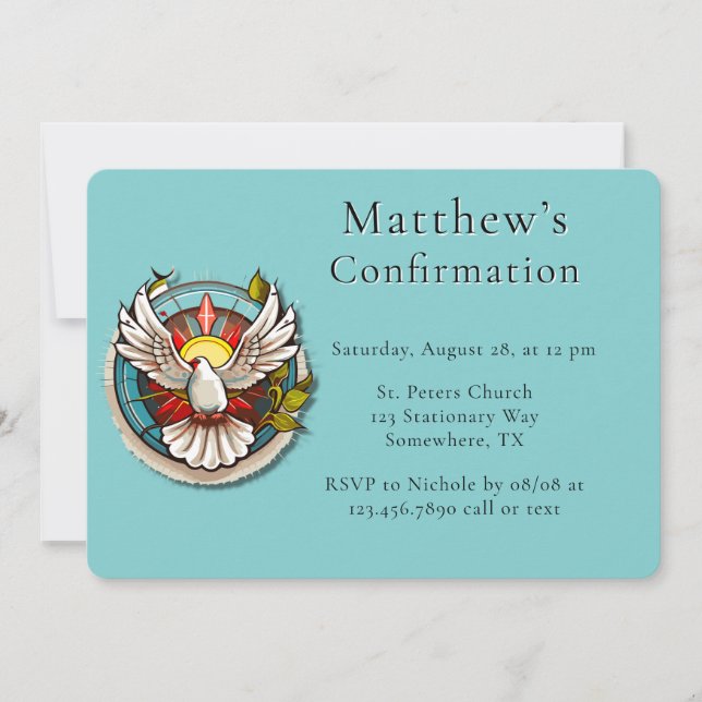 White Dove Teal Blue Confirmation Celebration  Invitation (Front)
