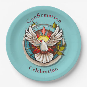 White Dove Teal Blue Confirmation Celebration Paper Plate