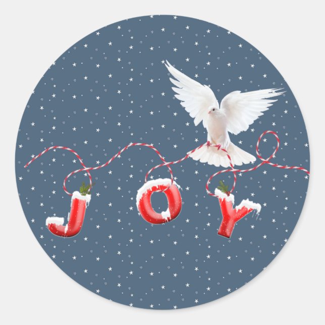 White Dove With JOY Text Classic Round Sticker (Front)