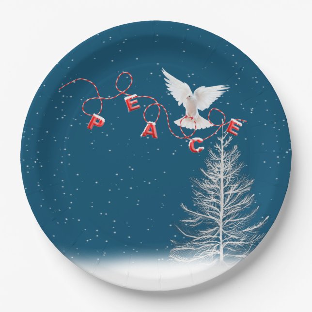 White Dove With Peace Christmas Ornament Paper Plate (Front)