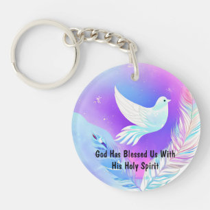 White Dove with Pink and Blue Feathers Key Ring