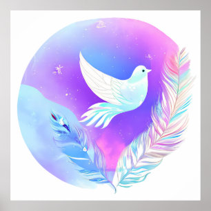 White Dove with Pink and Blue Feathers Poster