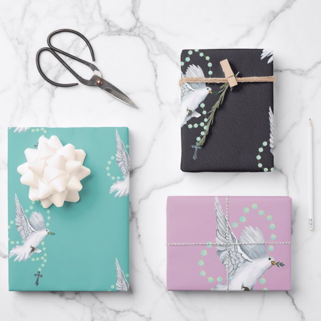 White Dove with Rosary Wrapping Paper Sheet (Front)