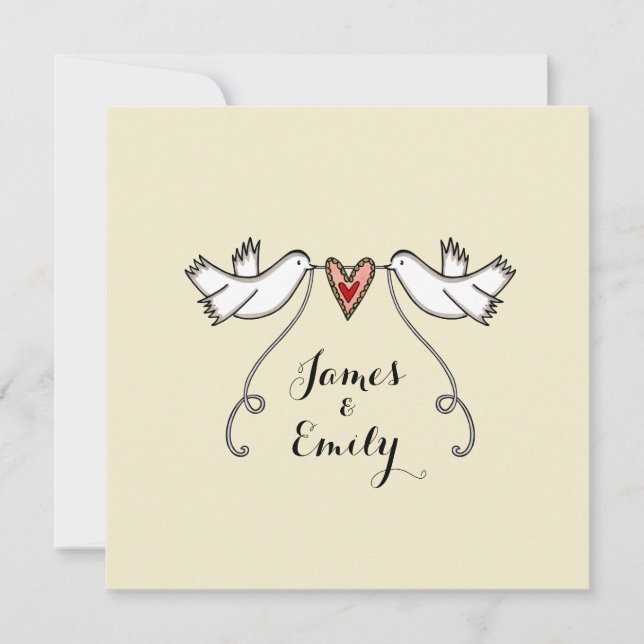 White Doves and Love Heart Wedding Invitation (Front)
