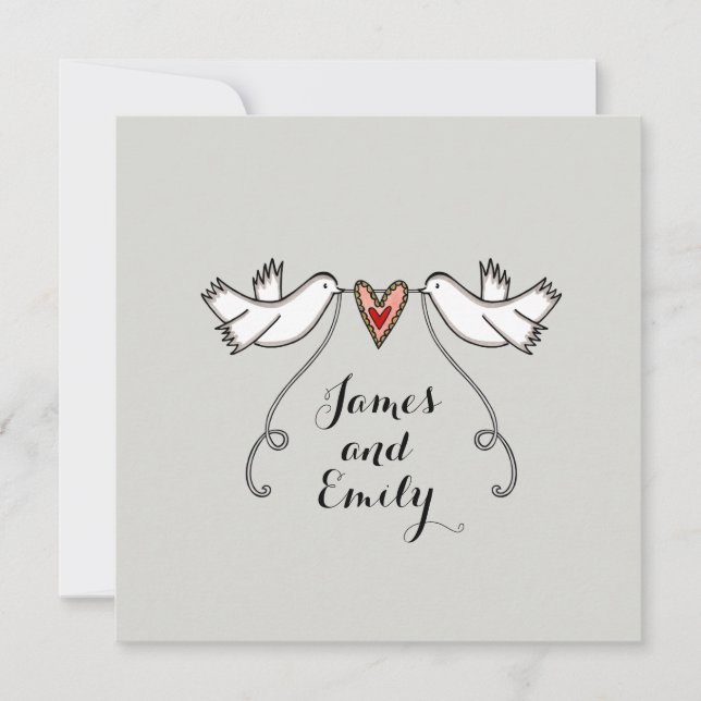 White Doves and Love Heart Wedding Invitation (Front)