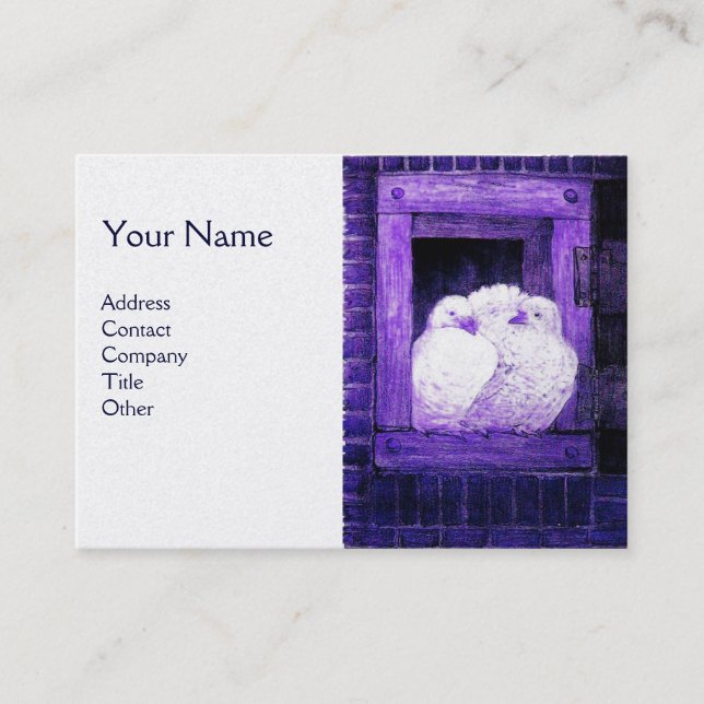 WHITE DOVES AT BLUE WINDOW,Monogram Purple Pearl Business Card (Front)