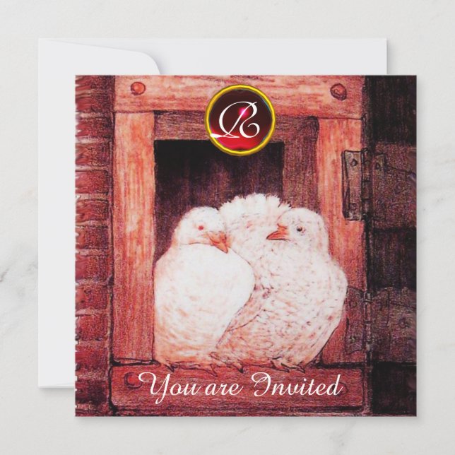 WHITE DOVES AT THE RED WINDOW GEM WEDDING MONOGRAM INVITATION (Front)