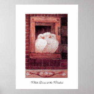 WHITE DOVES AT THE WINDOW, anique red pink Poster
