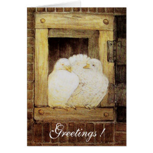 WHITE DOVES AT THE WINDOW, antique brown yellow