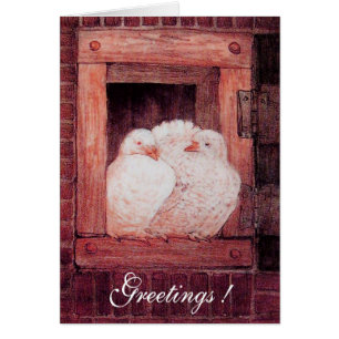WHITE DOVES AT THE WINDOW, antique red pink