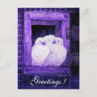 WHITE DOVES AT THE WINDOW blue purple